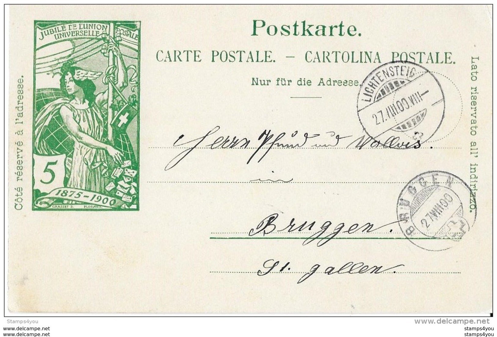 57 - 68 - Entier Postal UPU Avec Superbes Cachets à Date "Lichtensteig Et Bruggen" 1900 - Entiers Postaux