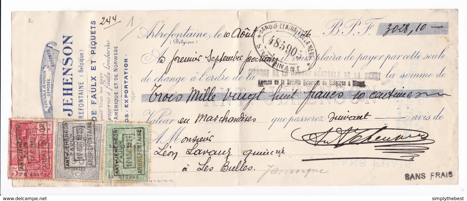 878/29 - Lettre De Change TP Montenez Et Houyoux DINANT 1926- FISCAUX Superbe Tricolore Mixte - Jehenson à ARBREFONTAINE - Documentos