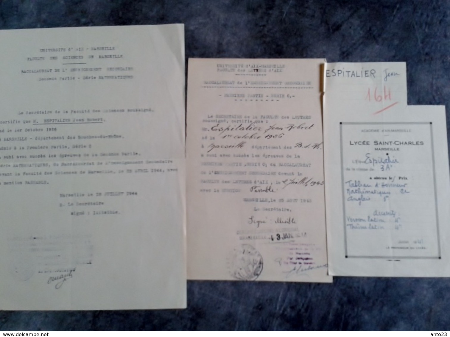 ADMISSION AU BACCALAURÉAT SÉRIE C MATHÉMATIQUES LETTRES 1944 +TABLEAU D' HONNEUR Espitalier Marseille St Charles - Diplômes & Bulletins Scolaires