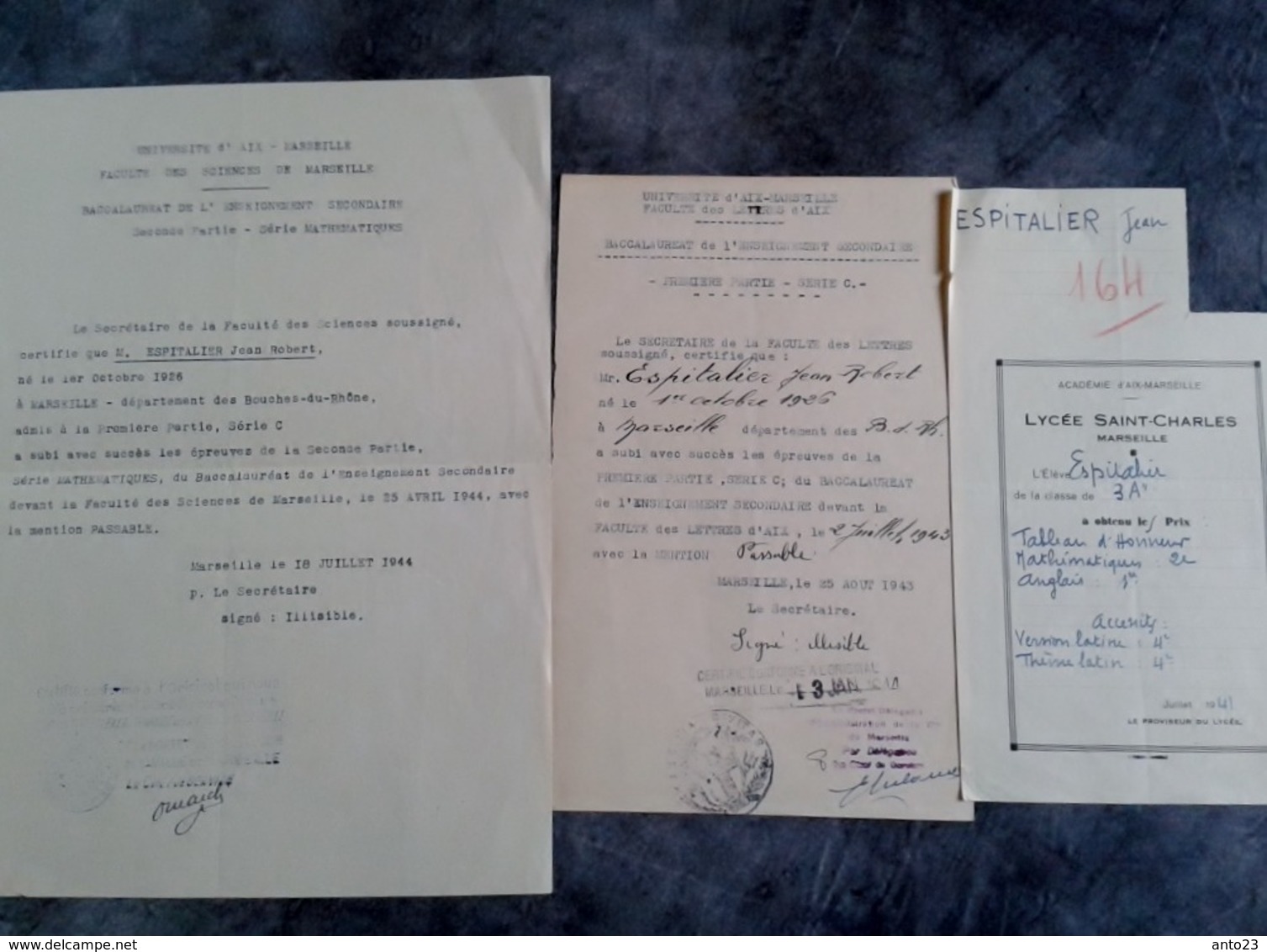 ADMISSION AU BACCALAURÉAT SÉRIE C MATHÉMATIQUES LETTRES 1944 +TABLEAU D' HONNEUR Espitalier Marseille St Charles - Diplômes & Bulletins Scolaires