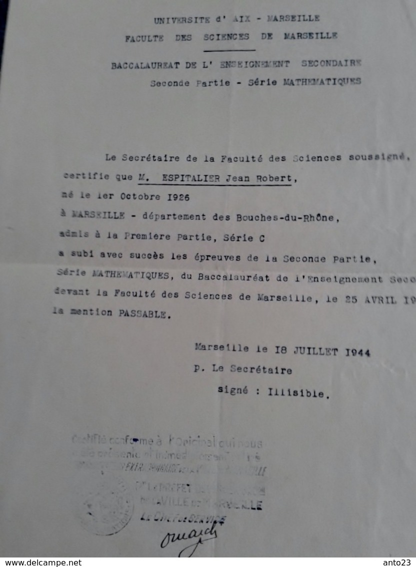 ADMISSION AU BACCALAURÉAT SÉRIE C MATHÉMATIQUES LETTRES 1944 +TABLEAU D' HONNEUR Espitalier Marseille St Charles - Diplômes & Bulletins Scolaires