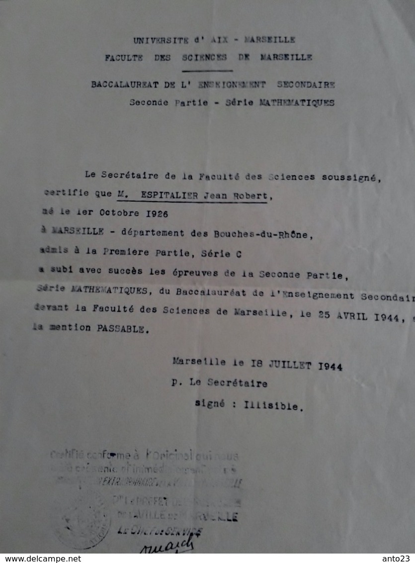 ADMISSION AU BACCALAURÉAT SÉRIE C MATHÉMATIQUES LETTRES 1944 +TABLEAU D' HONNEUR Espitalier Marseille St Charles - Diplômes & Bulletins Scolaires
