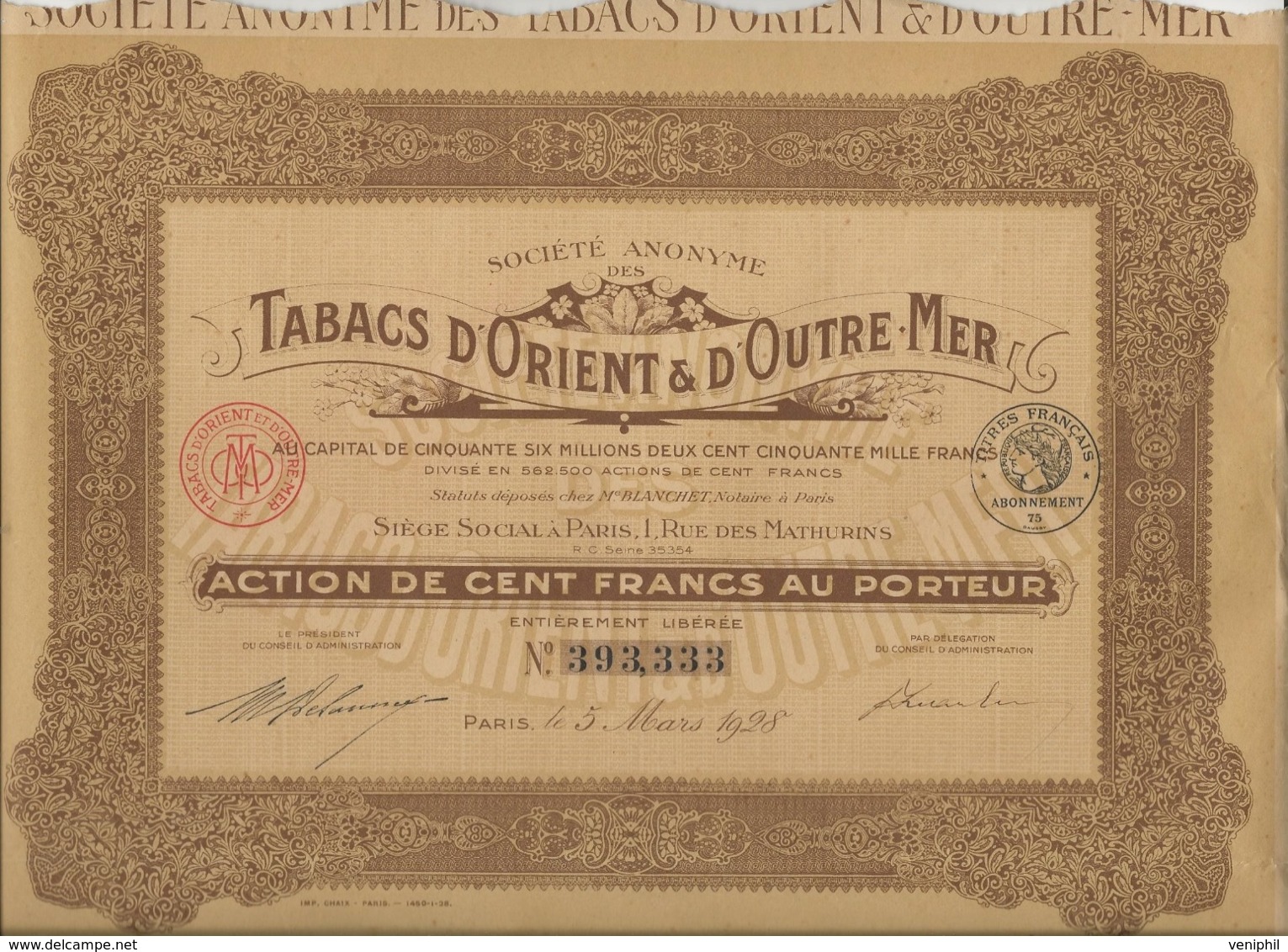 ACTION DE 100 FRS - TABACS D'ORIENT ET D'OUTRE - MER- ANNEE 1928 - Andere & Zonder Classificatie