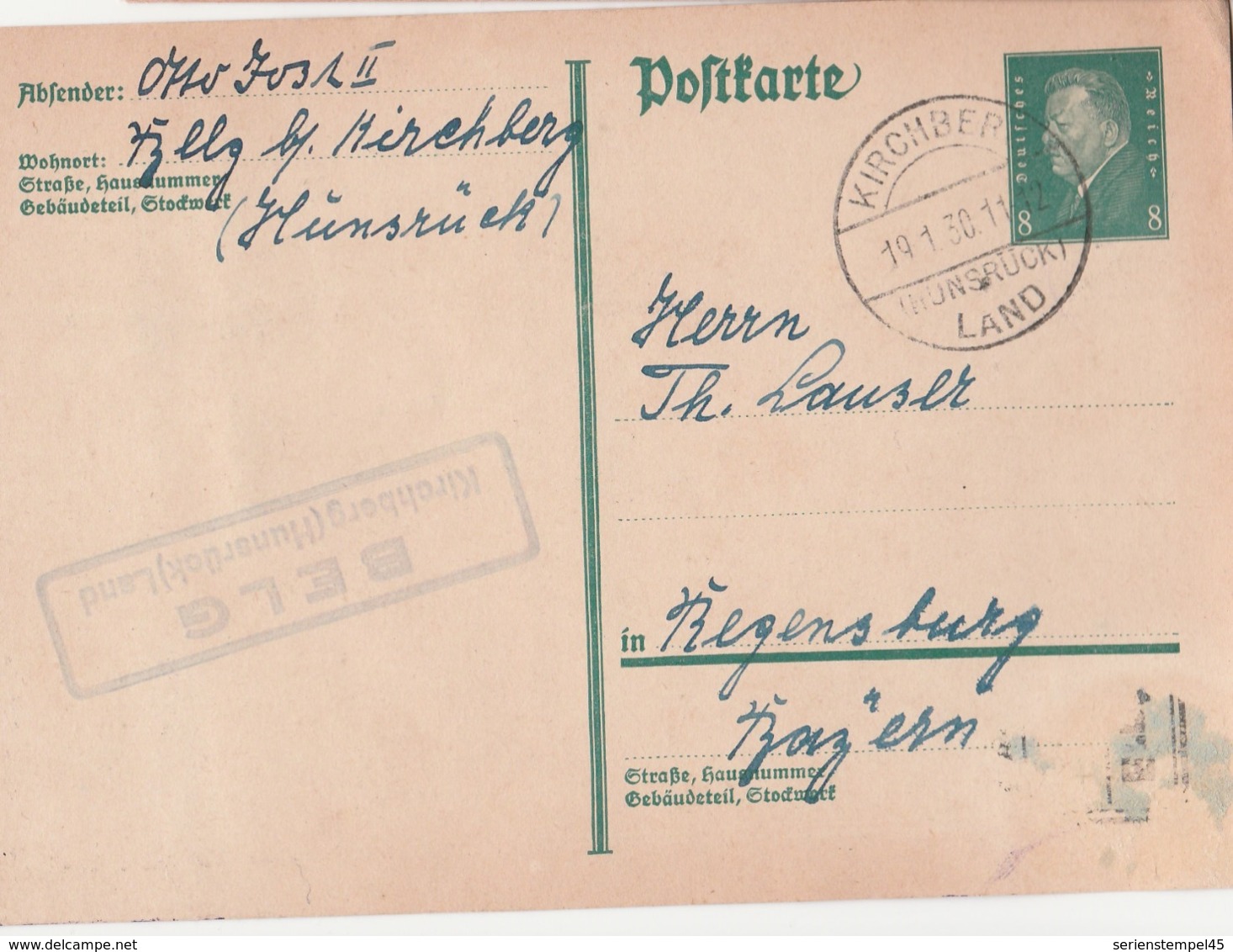 Deutsches Reich Karte Mit Landpoststempel Belg Kirchberg 1930 Lk Rhein Hunsrück - Briefe U. Dokumente