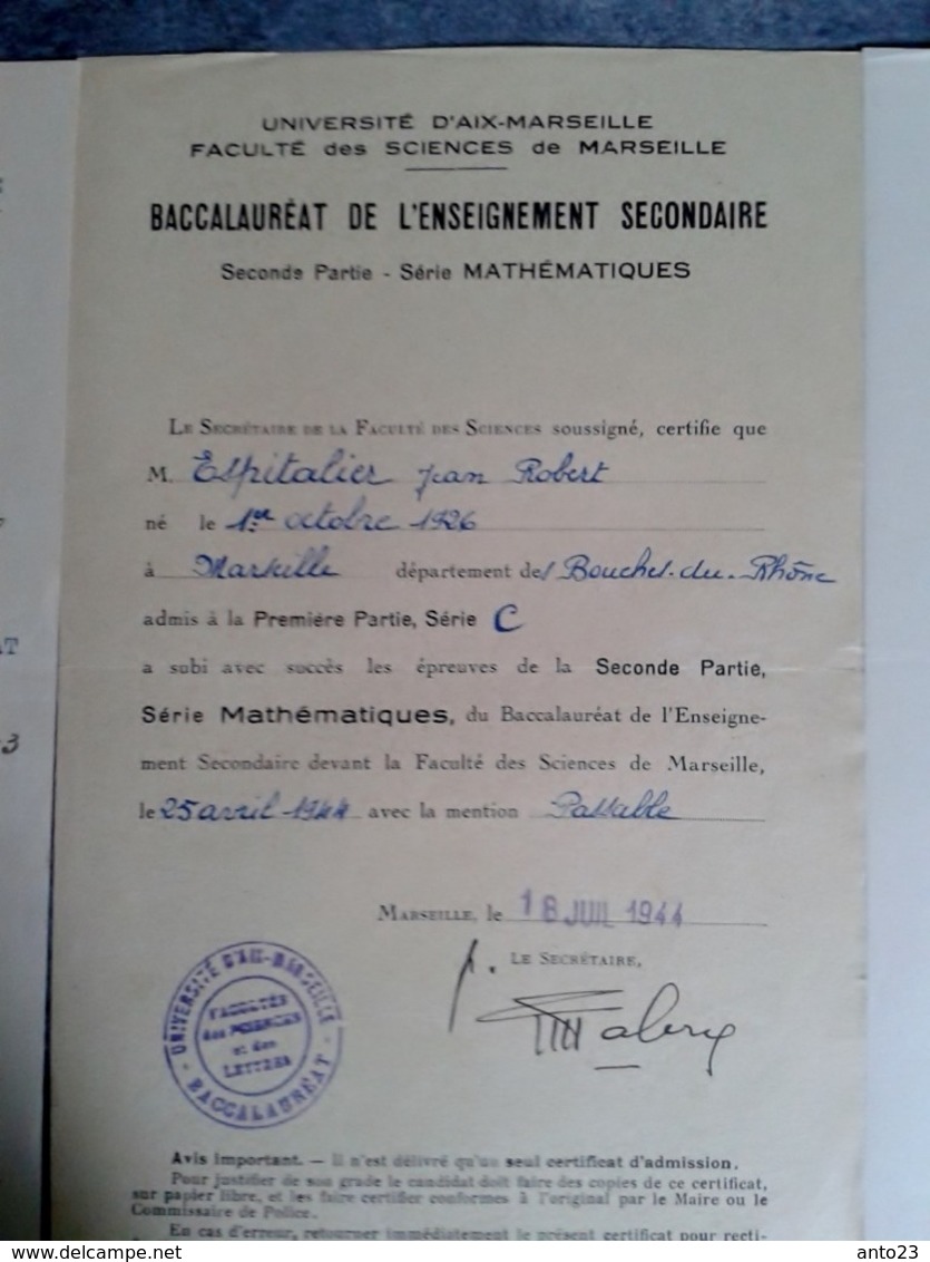 ADMISSION AU BACCALAURÉAT SÉRIE C Mention Passable  1944 Faculté Sciences Et Lettre Aix  Espitalier Marseille St Charles - Diplômes & Bulletins Scolaires