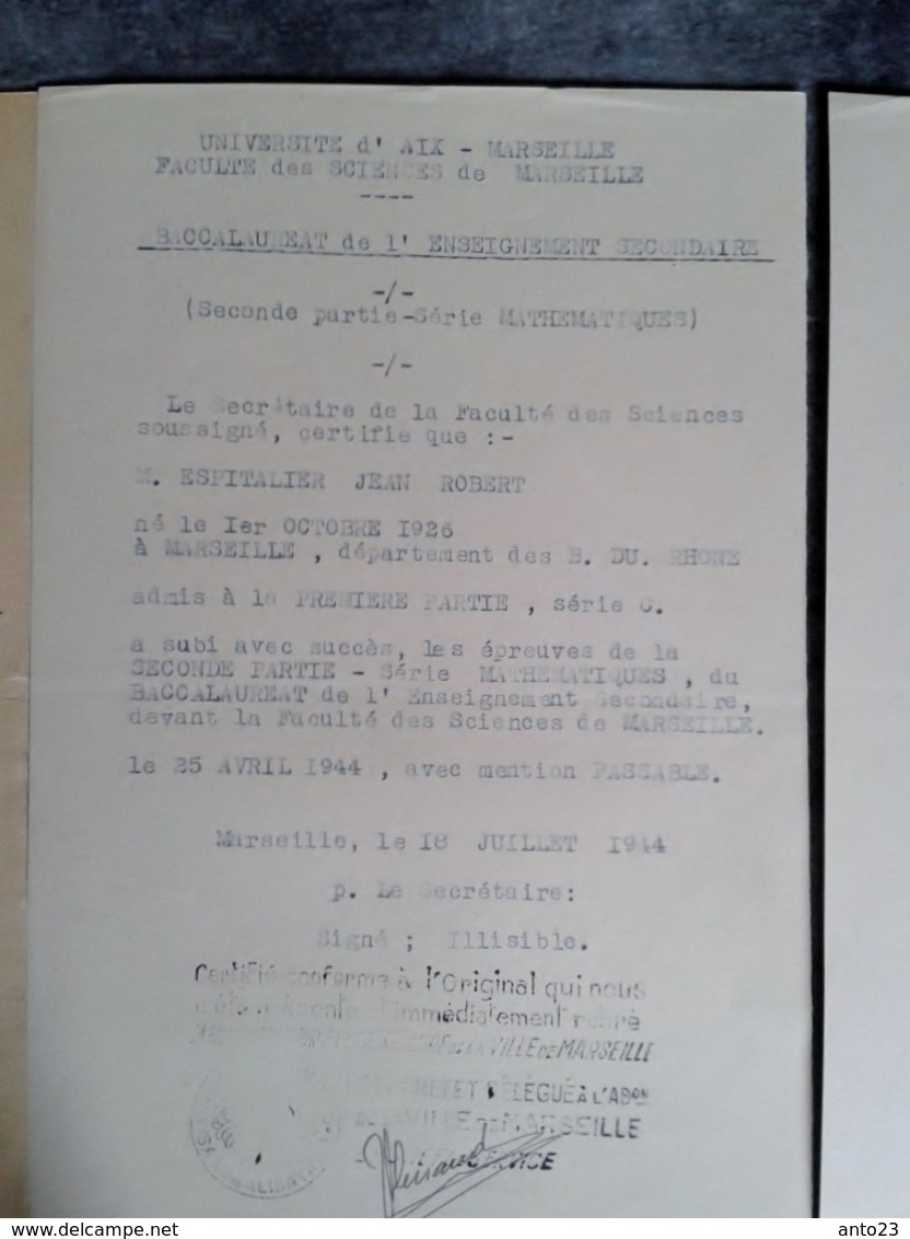 ADMISSION AU BACCALAURÉAT SÉRIE C Mention Passable  1944 Faculté Sciences Et Lettre Aix  Espitalier Marseille St Charles - Diplômes & Bulletins Scolaires