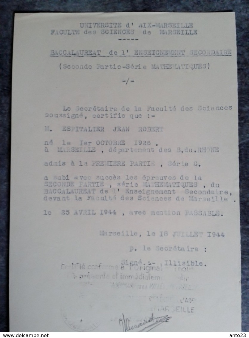 ADMISSION AU BACCALAURÉAT SÉRIE C Mention Passable  1944 Faculté Sciences Et Lettre Aix  Espitalier Marseille St Charles - Diplômes & Bulletins Scolaires