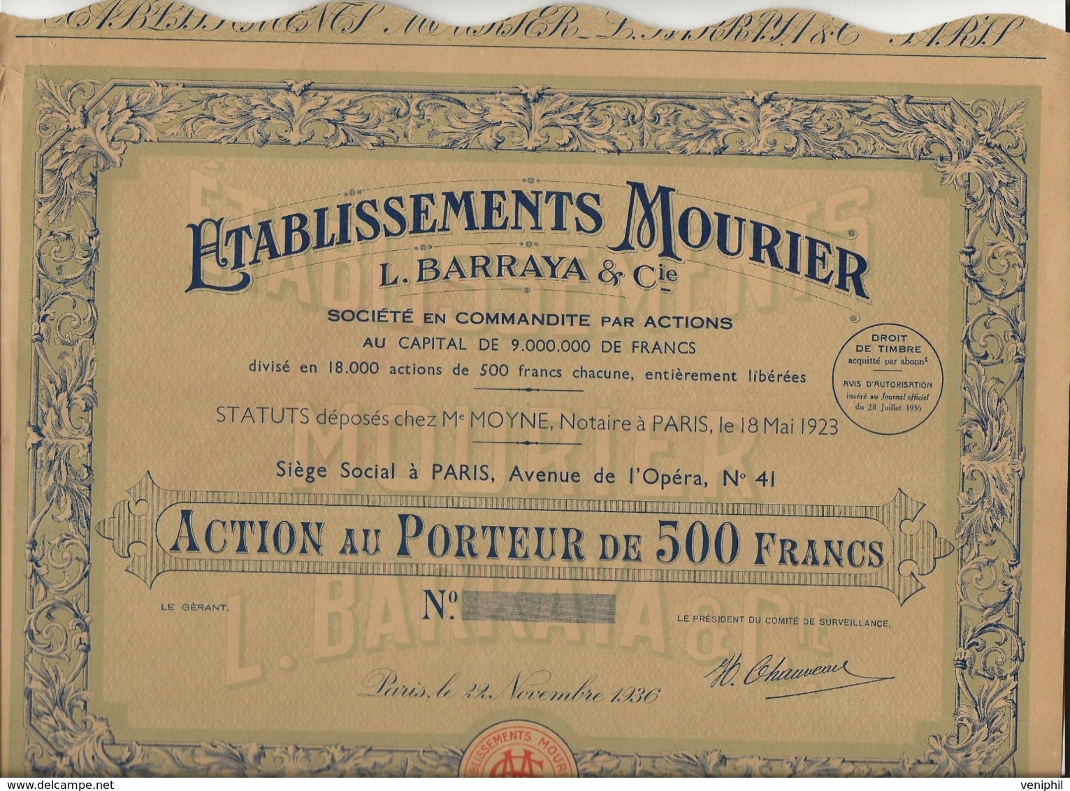 ACTION DE 500 FRS - ETABLISSEMENTS MOURIER -L .BARRAYA - ANNEE 1936 - Sonstige & Ohne Zuordnung