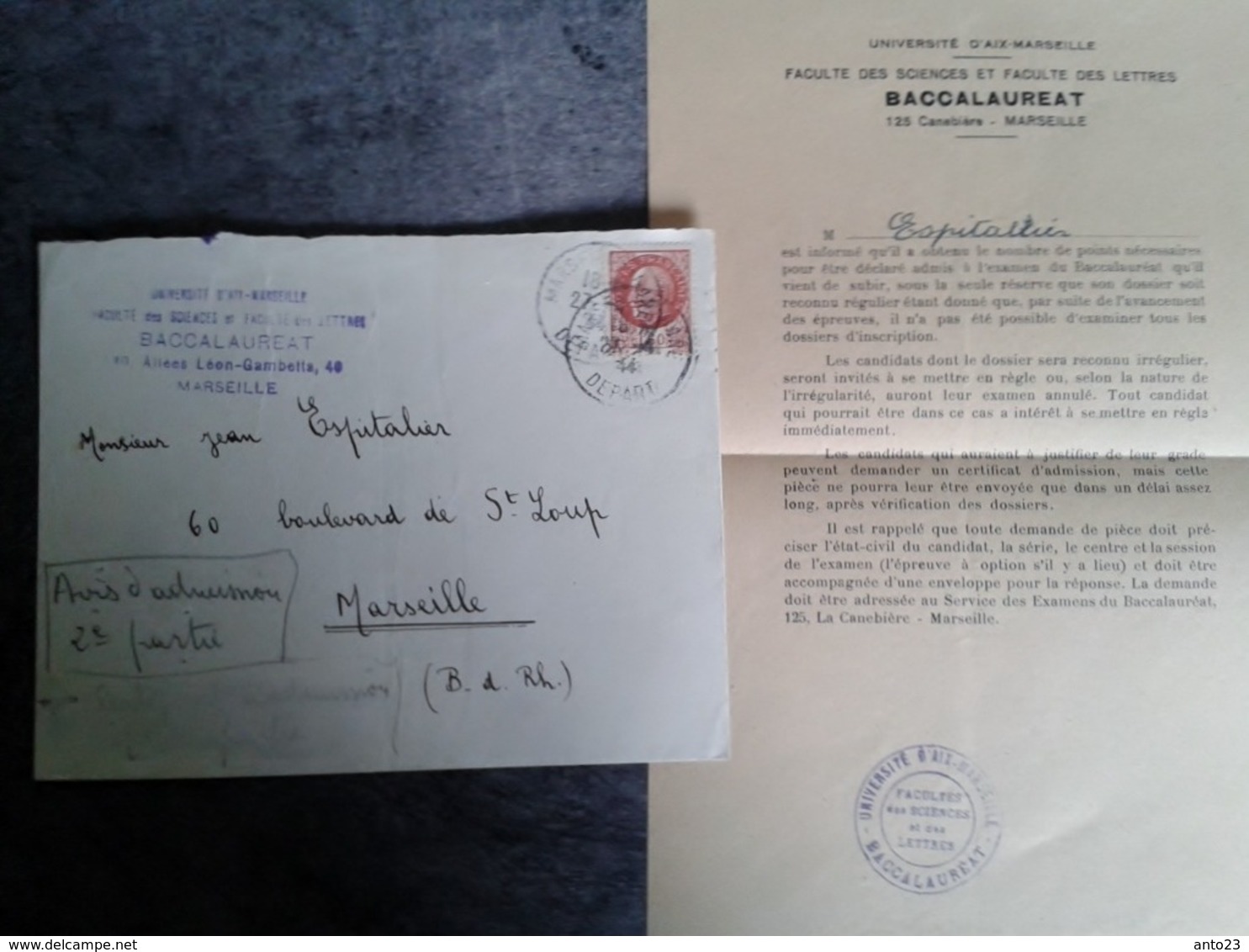 Avis D Admission Au épreuves Du Baccalauréat Série C  1943 Espitalier Avec Enveloppes Facultés Des Sciences Mrs - Diplomi E Pagelle