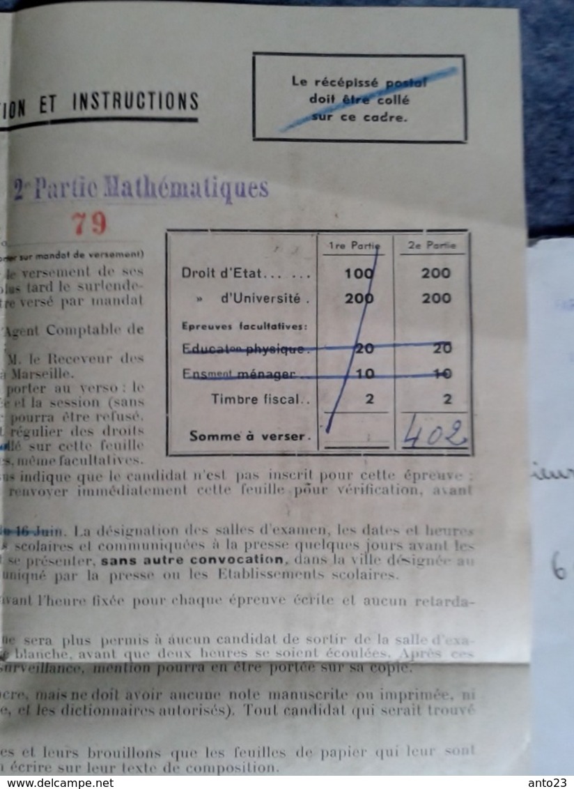 Avis D Admission Au épreuves Du Baccalauréat Série C Inscription Payé Par Mandat   1943 Espitalier Marseille - Diplômes & Bulletins Scolaires