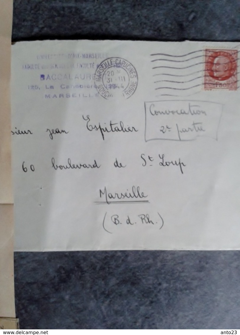 Avis D Admission Au épreuves Du Baccalauréat Série C Inscription Payé Par Mandat   1943 Espitalier Marseille - Diplômes & Bulletins Scolaires