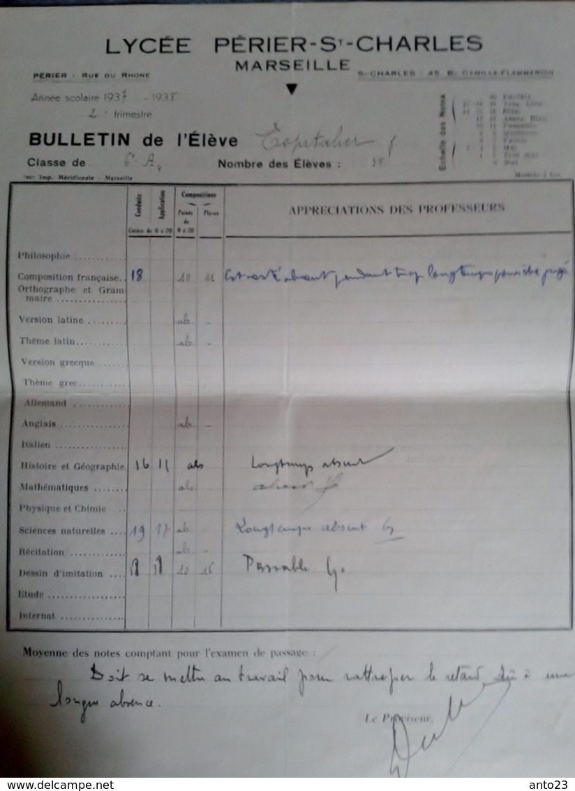 Bulletin Scolaire Lycée Perier St Charles 1937 1938 Second Trimestre 6a Espitalier Marseille - Diplômes & Bulletins Scolaires