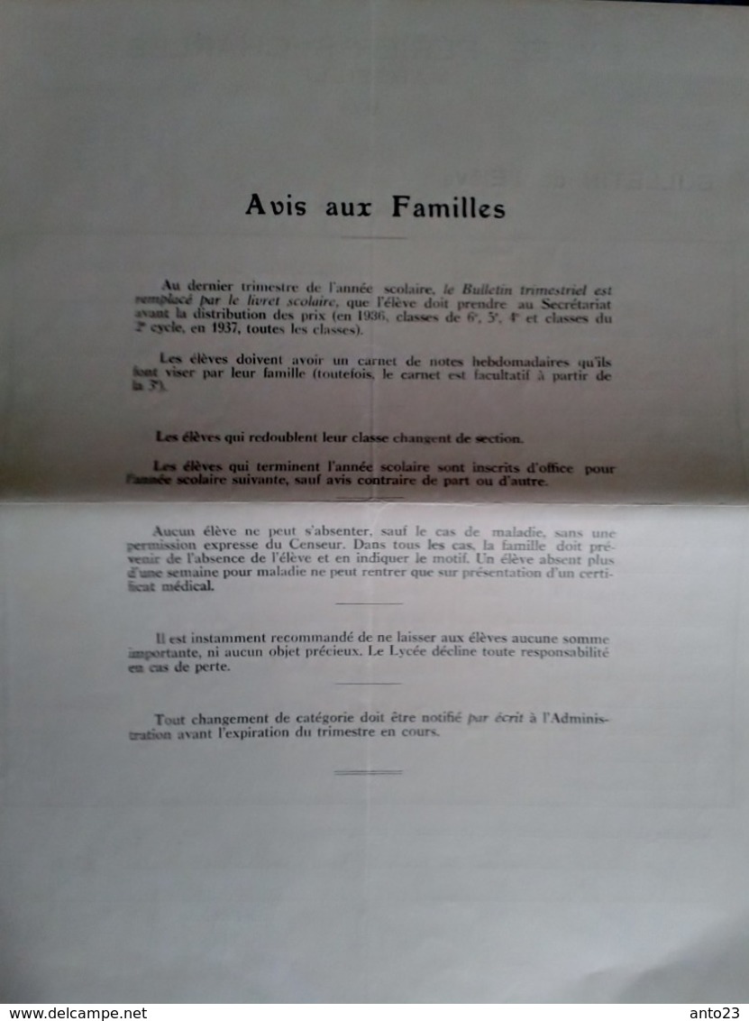 Bulletin Scolaire Lycée Perier St Charles 1937 1938 Second Trimestre 6a Espitalier Marseille - Diplômes & Bulletins Scolaires