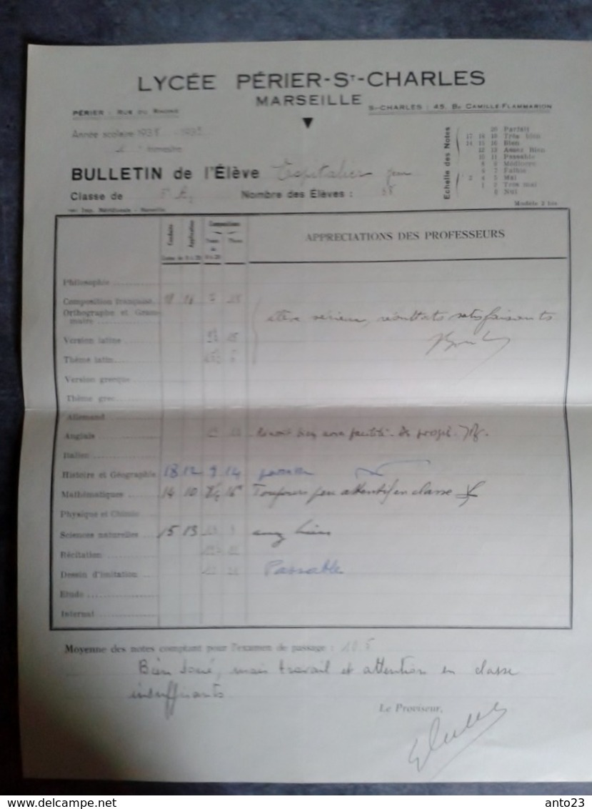 Bulletin Scolaire Lycée Perier St Charles 1937 1938 Second Trimestre  Espitalier Marseille - Diplômes & Bulletins Scolaires