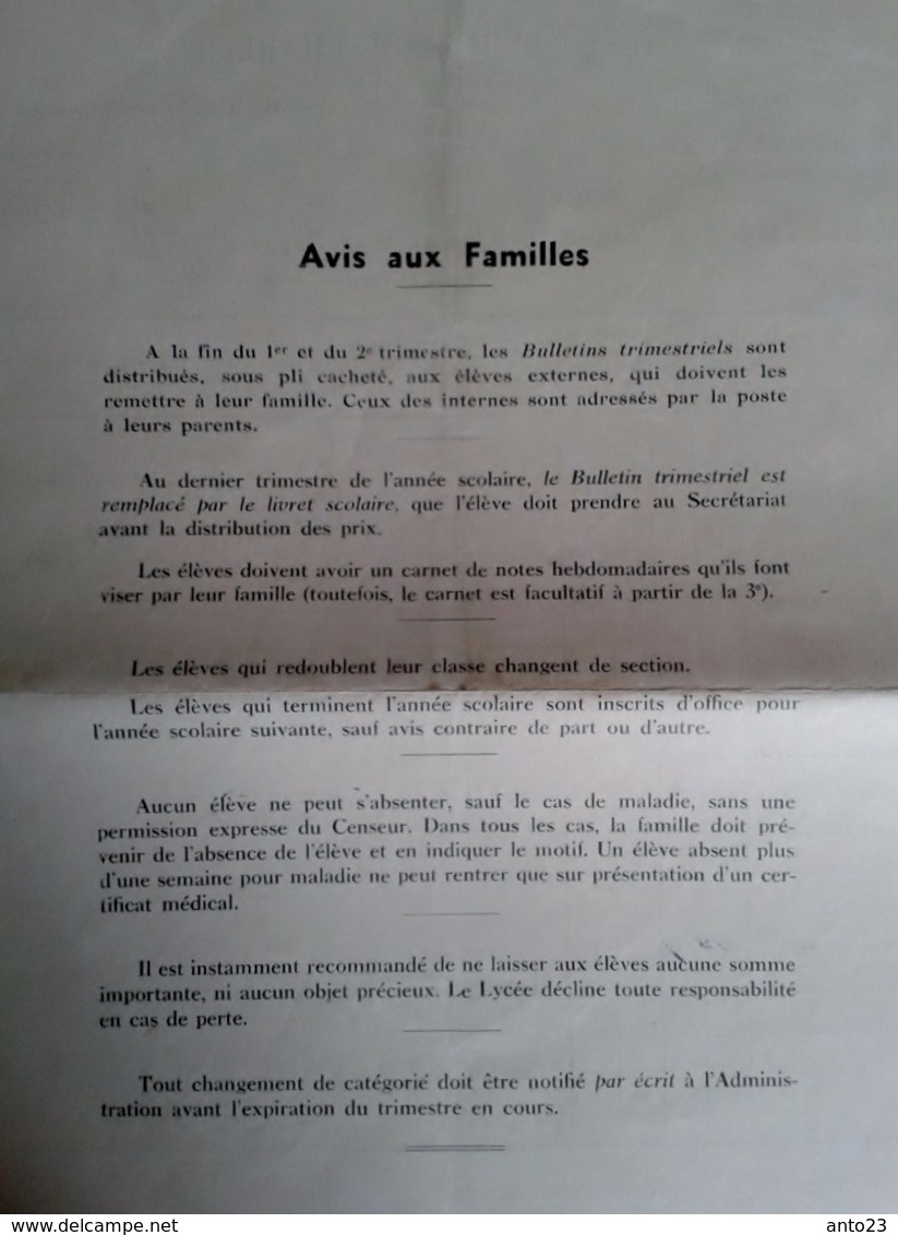 Bulletin Scolaire Lycée Perrier St Charles Troisième Année 1940 A 1941    Espitalier Marseille - Diplômes & Bulletins Scolaires