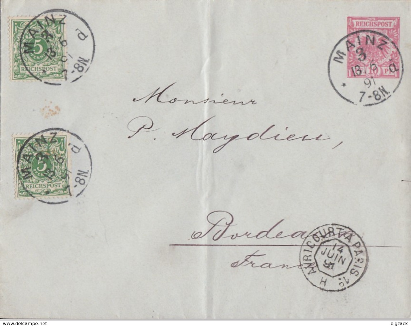 DR GS-Umschlag 10 Pfg. Zfr. Minr.2x 46 K1 Mainz 13.6.91 Gel. Nach Frankreich - Briefe U. Dokumente