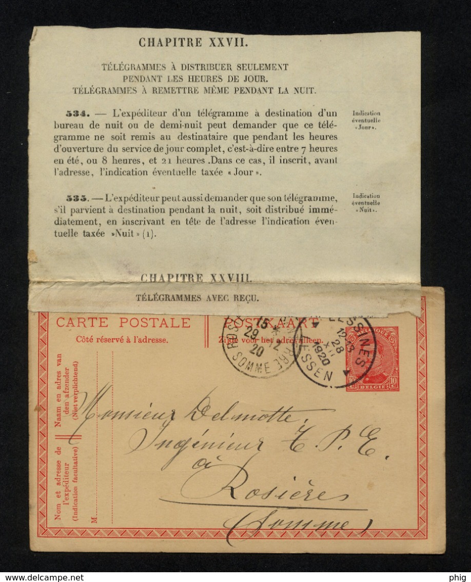 "ENTIER CARTE POSTALE COMMERCIALE POUR EXPEDITION DE LESSINES (BELGIQUE) VERS ROSIERES(FRANCE)" CACHET POSTAL 28/12/1920 - Sonstige & Ohne Zuordnung