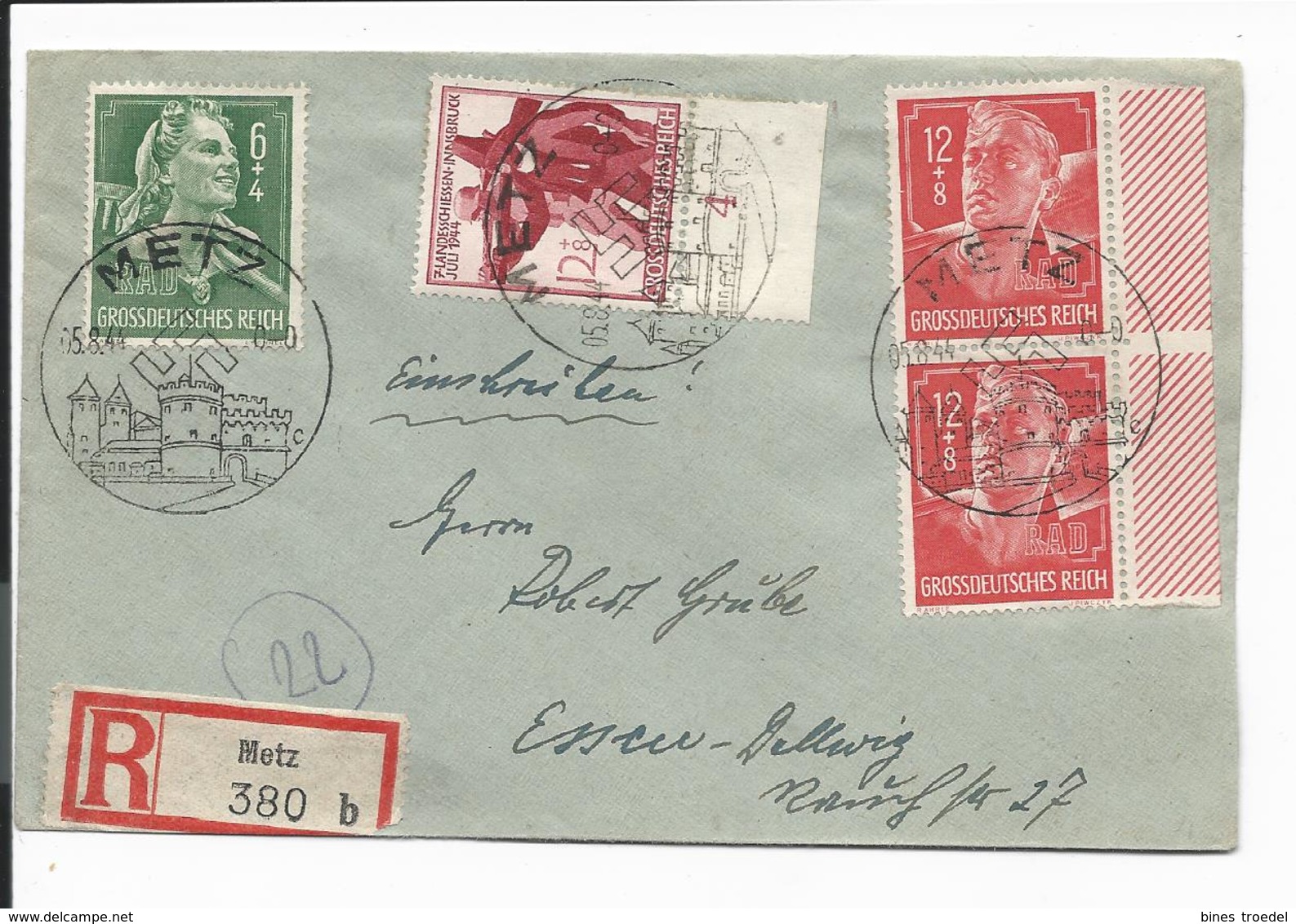 DR  898 MiF 42 Pf Bedarfsbrief Mit Sonderstempel Metz Nach Essen-Kettwig Per Einschreiben Am 5.8.44 - Briefe U. Dokumente