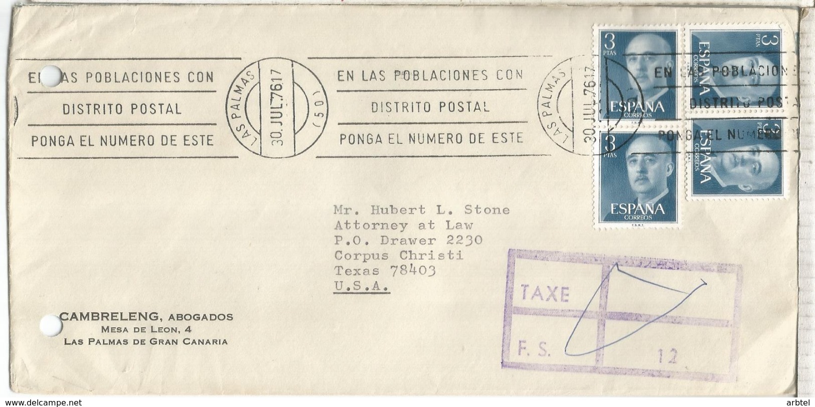 LAS PALMAS CANARIAS CC A USA TASADA AGUJEROS ARCHIVO UNDERPAID 1976 - Cartas & Documentos