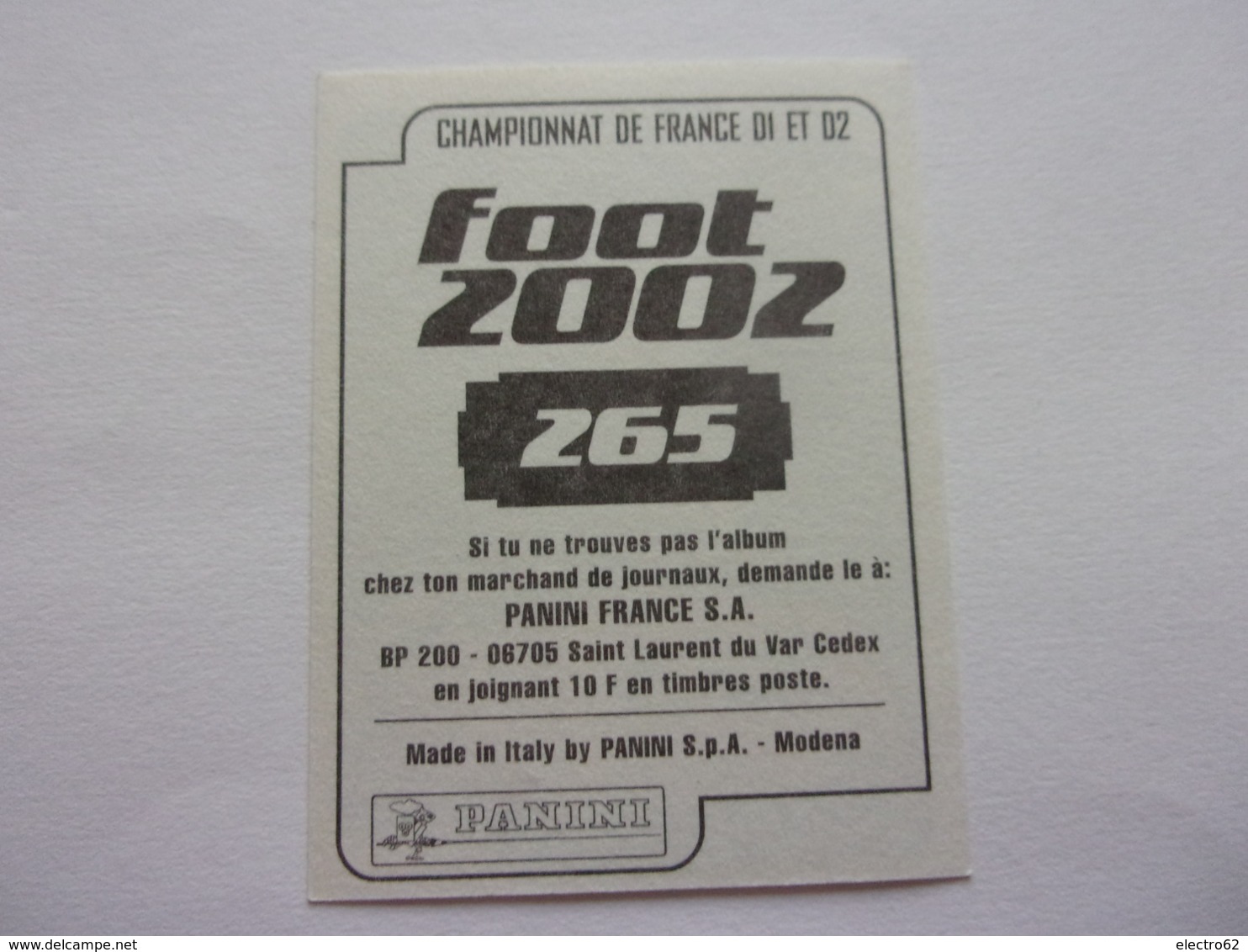 PANINI FOOT 2002 Championnat De France  N°265 Nantes FCNA Nestor Fabbri - Edition Française