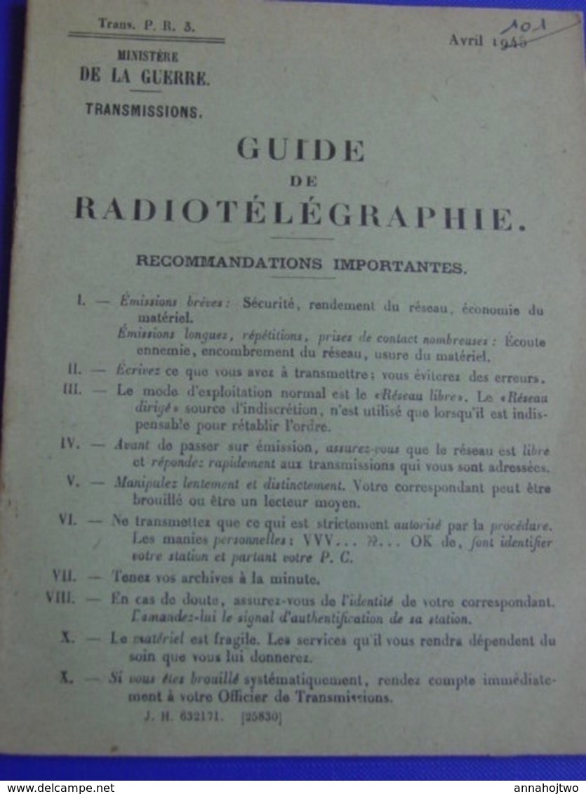 ARMÉE * GUIDE  De RADIOTÉLÉGRAPHIE *Minist. De La Guerre / Transmissions-1945. - Autres & Non Classés