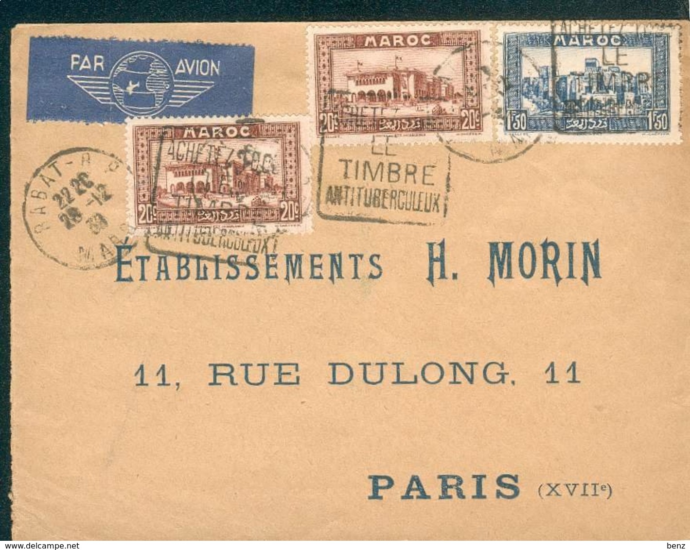 MAROC MOROCCO MAROKKO LETTRE PAR AVION 1938 Ob RABAT DAGUIN  Pour Paris PUB VERSO LA RELIGO MACHINE A RELIURE TB - Lettres & Documents