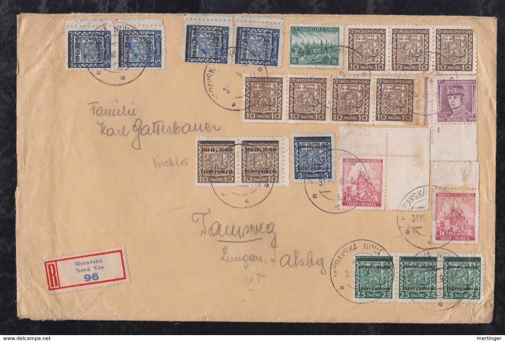 Czechia Bohemia And Moravia 1939 Registered Cover MORASKA NOVA VES To TAMSEG Austria Mixed Franking Overprint Stamps - Covers & Documents