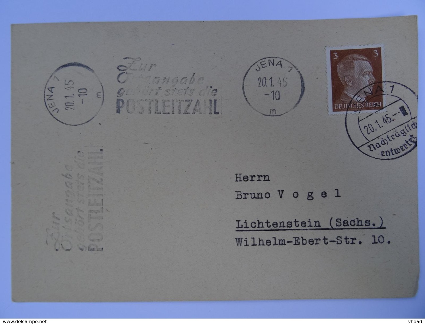 1945 DR Postkarte Jena Freistempel "Zur Ortsangabe Gehört Stets Die Postleitzahl" - Briefe U. Dokumente