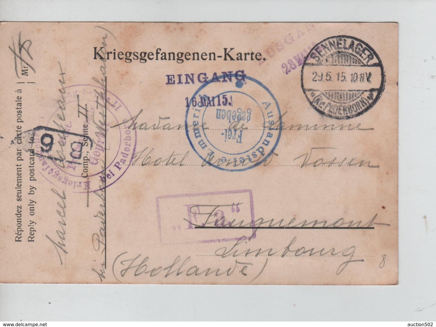 PR6981/ CP PDG-POW Sennelager 1915 Geprüft Paderborn > Hollande - Prisoners
