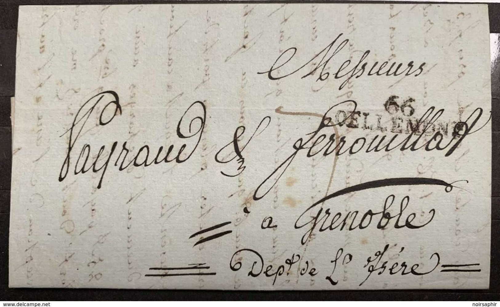 66 DELLEMONT 1813 LETTRE GRENOBLE PAYRAUD & FERROUILLAT BERBIER LIQUEURS HAUT-RHIN ALSACE - 1801-1848: Precursors XIX