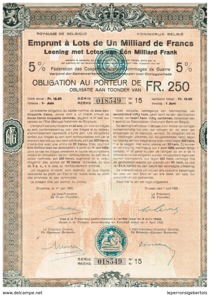 Titre Ancien - Royaume De Belgique - Emprunt à Lots De 1 Milliard De Francs- Dommages De Guerre 1922 5% - Titre Original - A - C