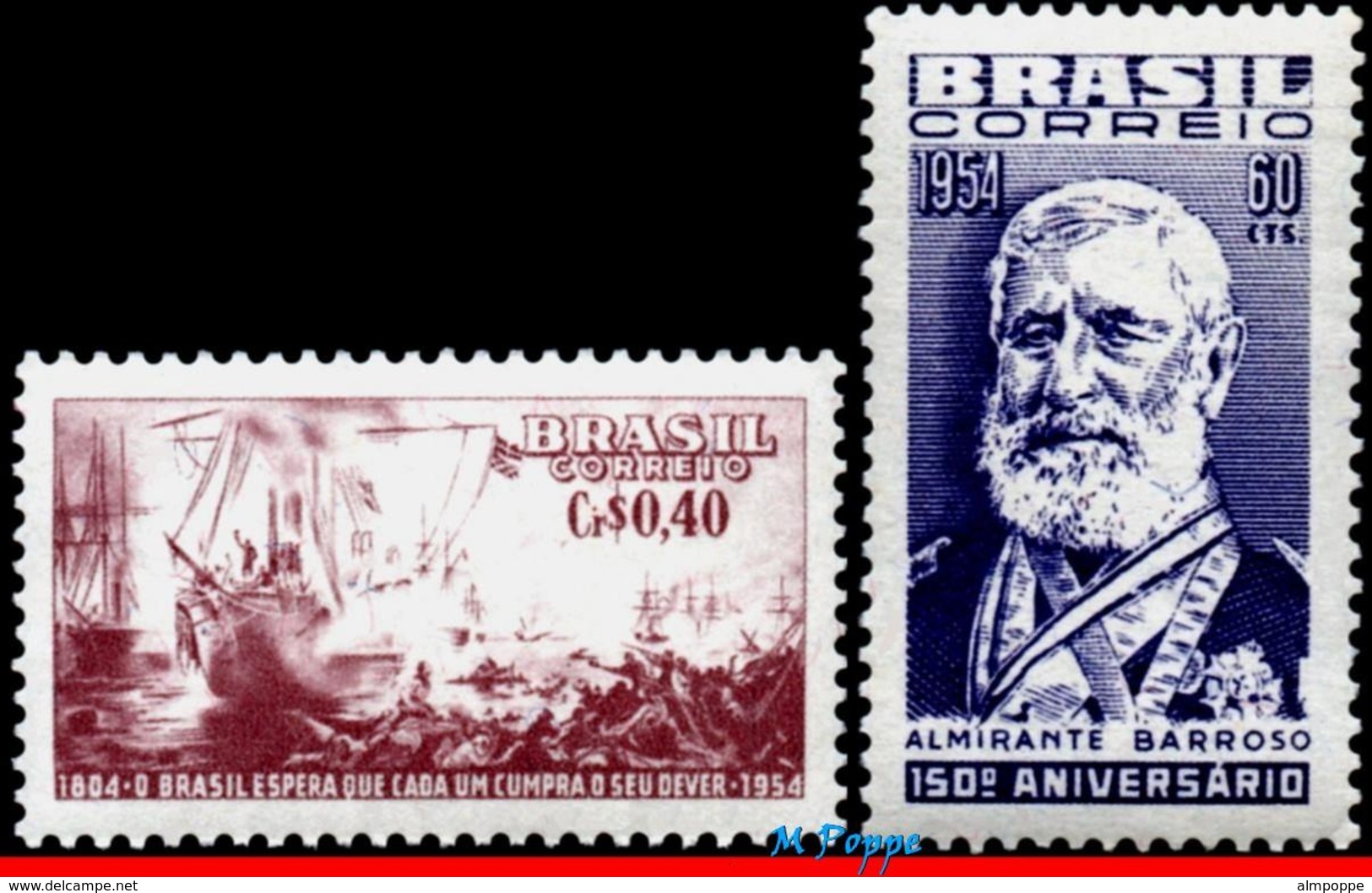 Ref. BR-808-09 BRAZIL 1954 SHIPS, BOATS, ADMIRAL BARROSO, RIVER, BATTLE OF RIACHUELO, WAR, SET MNH 2V Sc# 808-809 - Unused Stamps