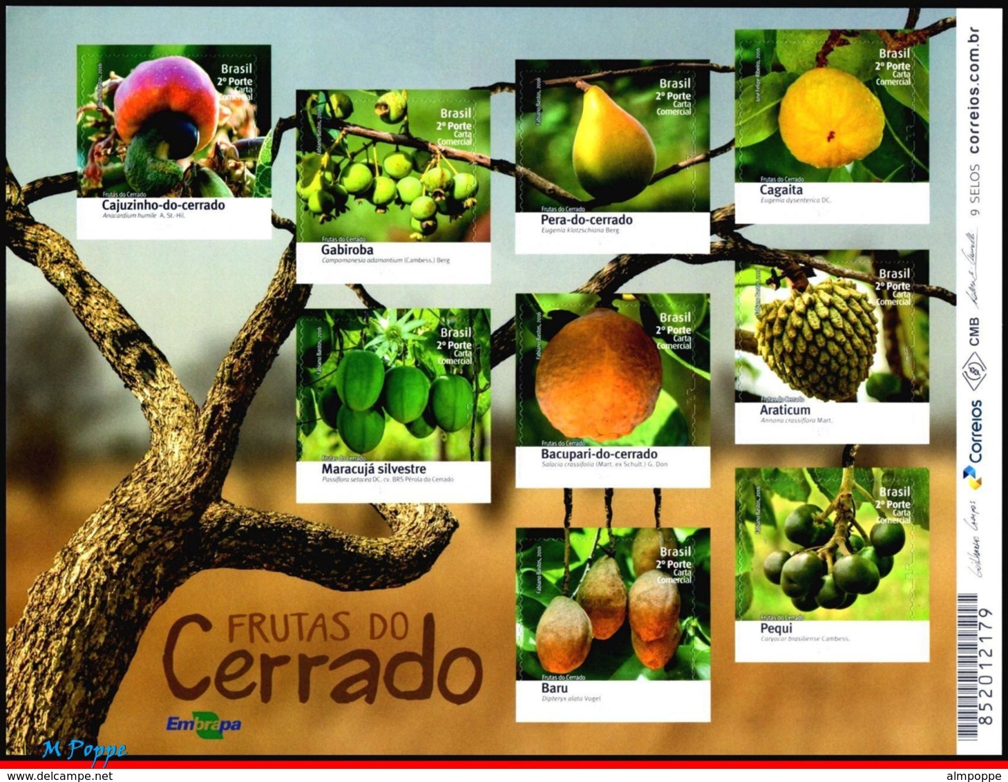 Ref. BR-V2016-18-4 BRAZIL 2016 FRUITS, FRUITS OF CERRADO,, PLANTS, MINISHEET MNH 9V - Fruits