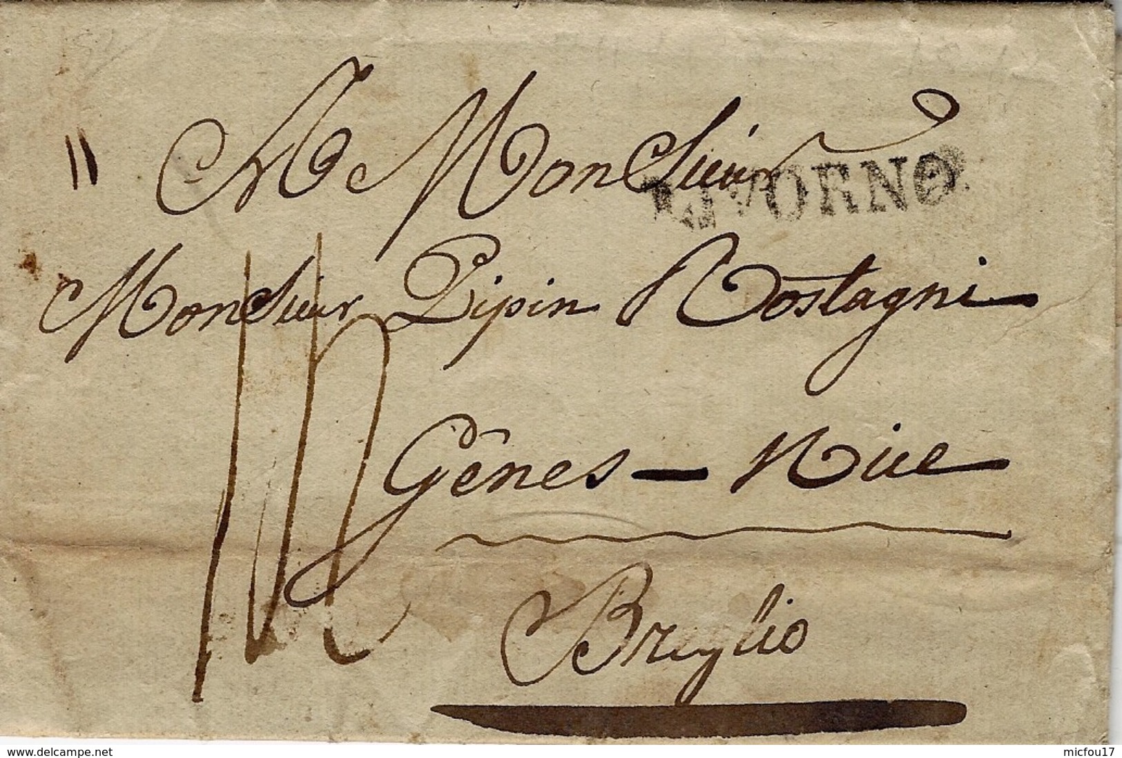 1817- Lettre De LIVORNO  Pour Gênes- Nice  / BREGLIO  ( Vicino Nizza) Taxe 14 D. - 1. ...-1850 Prefilatelia