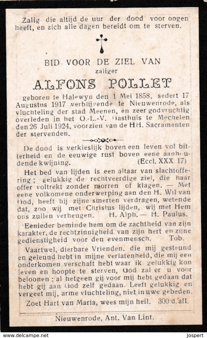 Halewijn, Halewyn, Nieuwenrode, Menen, 1924, Alfons Pollet, - Andachtsbilder