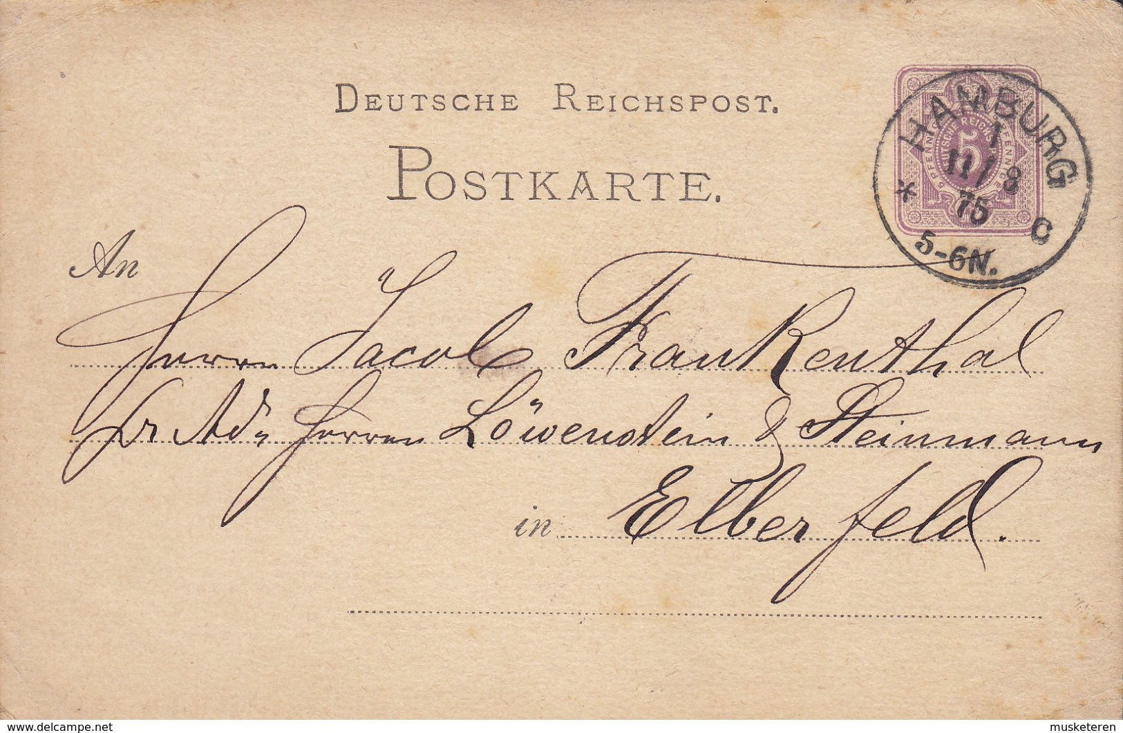 Deutsche Reichspost Postal Stationery Ganzsache 5 PfE. Ziffer HAMBURG 1875 EBERFELD (2 Scans) - Sonstige & Ohne Zuordnung