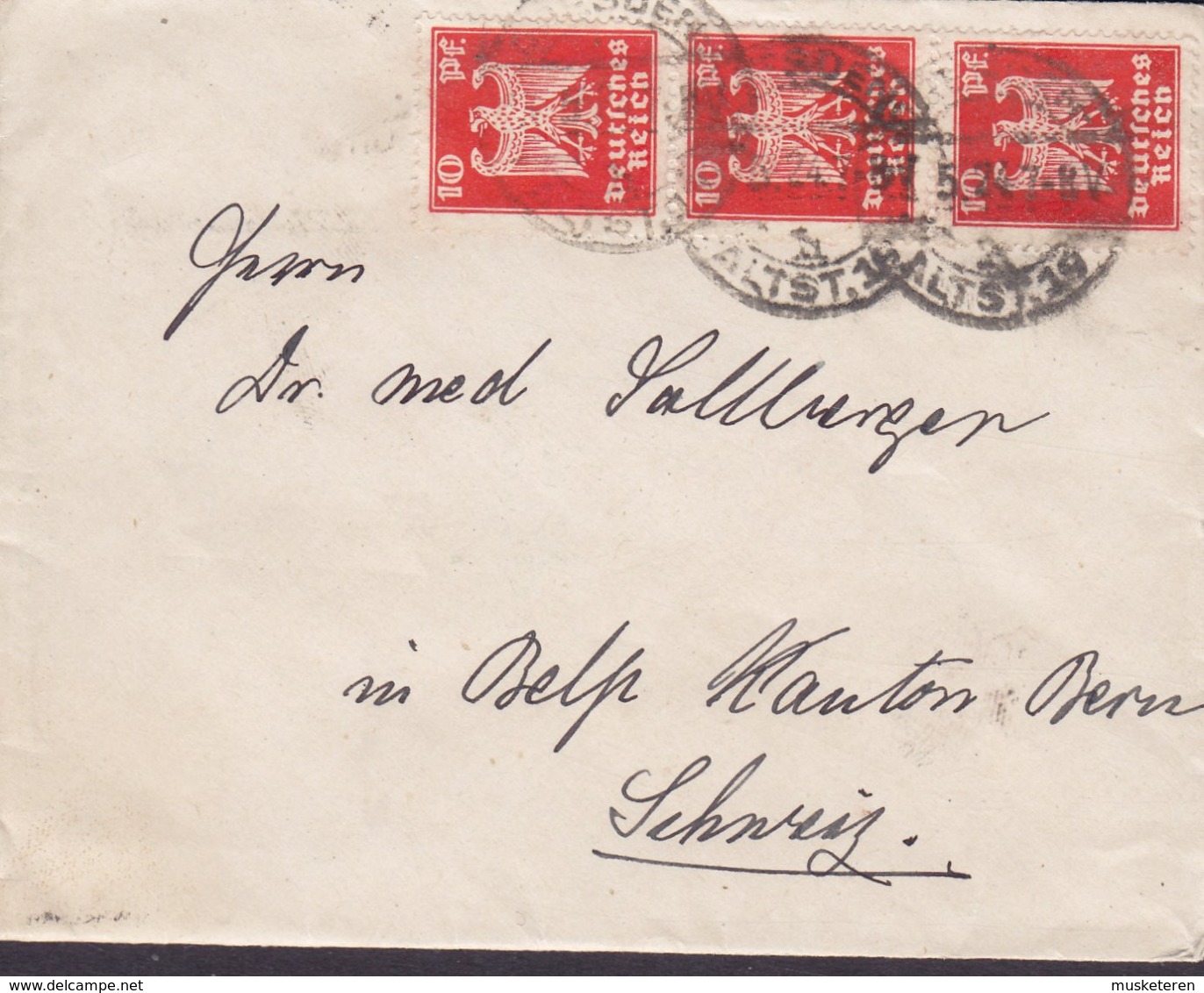 Germany Deutsches Reich 'Petite' DRESDEN 1924 Cover Brief BELP Schweiz (Arr. Cds.) 3- Sripe 10 Pf. Adler Eagle - Briefe U. Dokumente