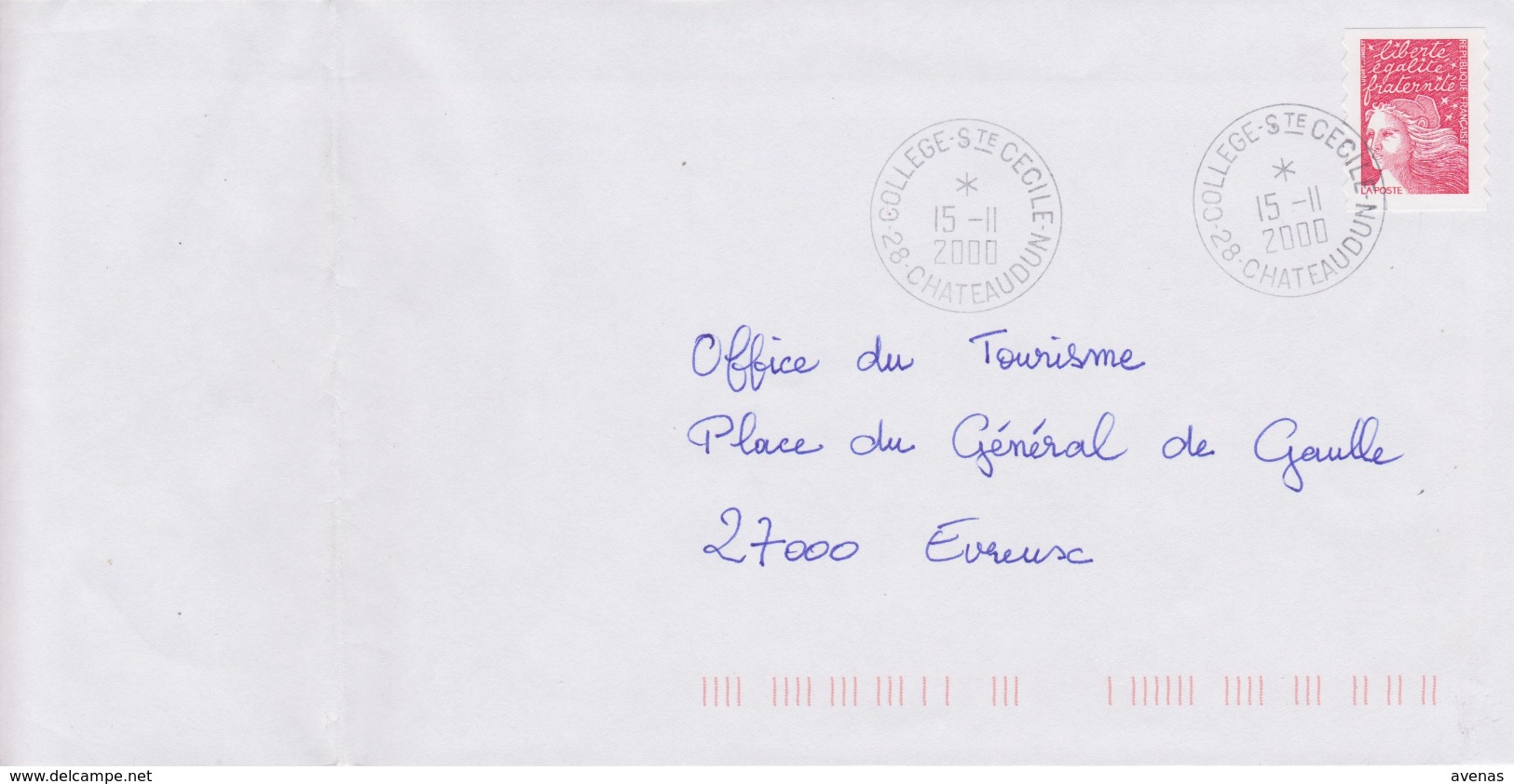 Lettre 2000 TàD Manuel COLLEGE STE CECILE 28 CHATEAUDUN AP Gérance Gratuite Sur Marianne De Luquet Jumelet - Cachets Manuels