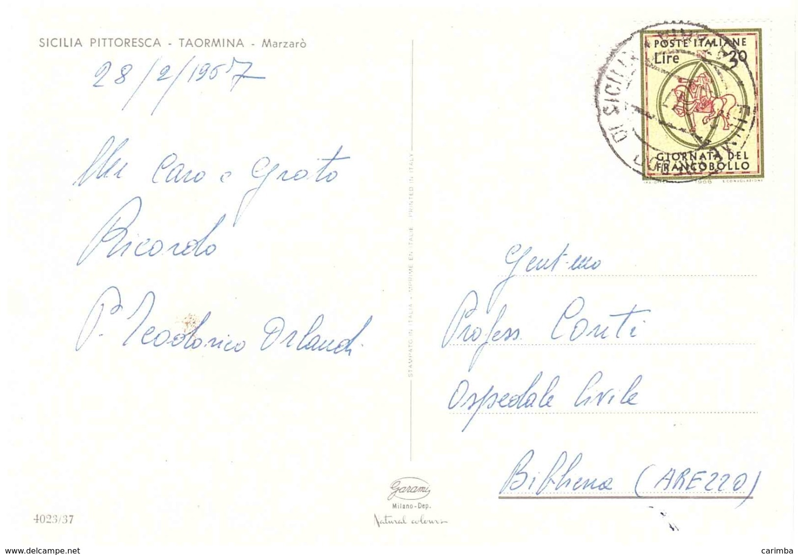 1966 £20 GIORNATA DEL FRANCOBOLLO SU CARTOLINA TAORMINA MARZARO' - Stamp's Day