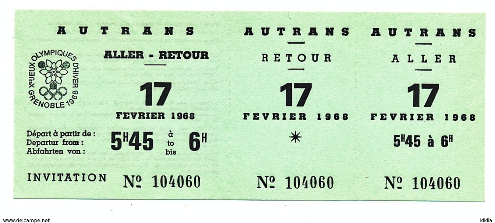 Billet De Transport Aller Retour GRENOBLE - AUTRANS 17 Février 1968 Jeux Olympiques D'hiver Grenoble  SKI DE FOND 50 KM - Autres & Non Classés