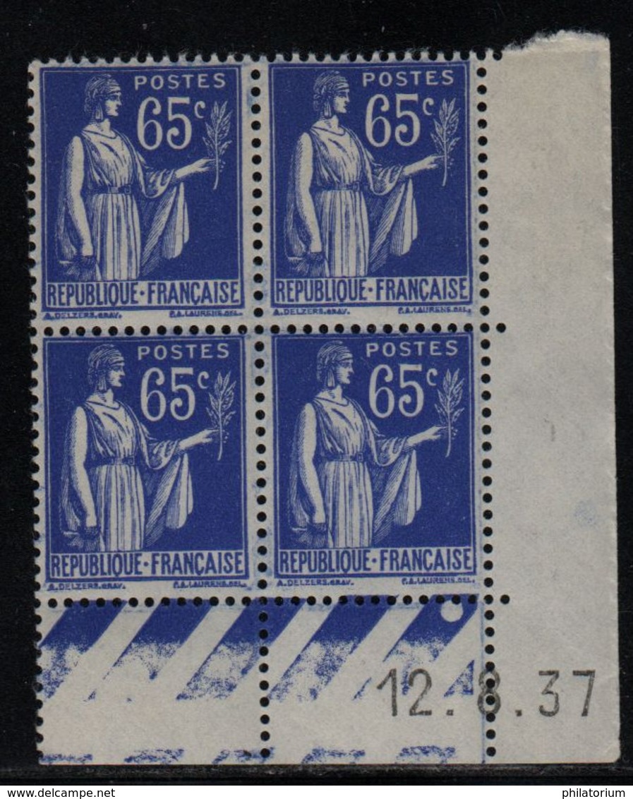 FRANCE  Coin Daté **  Type Paix 65c Bleu  Yvert 365  12.8.37  Neuf Sans Charnière - 1930-1939