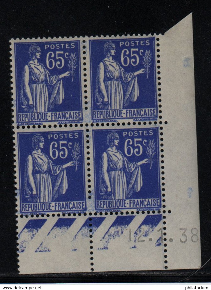 FRANCE  Coin Daté **  Type Paix 65c Bleu  Yvert 365  12.1.38  Neuf Sans Charnière - 1930-1939