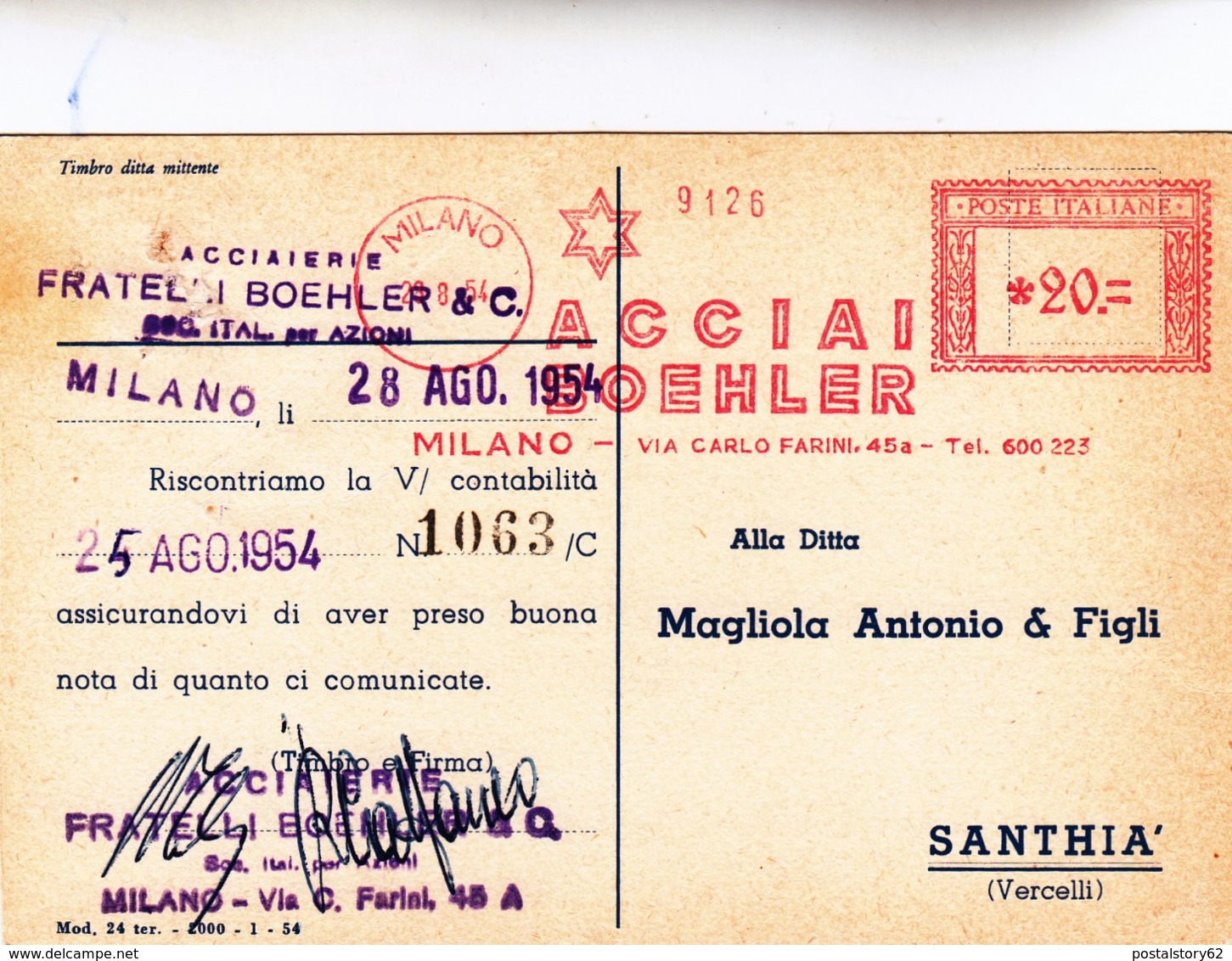 Milano, Acciaierie Fratelli Boehler, Affrancatura Meccanica Rossa Su Cartolina Postale. 1954 - Macchine Per Obliterare (EMA)