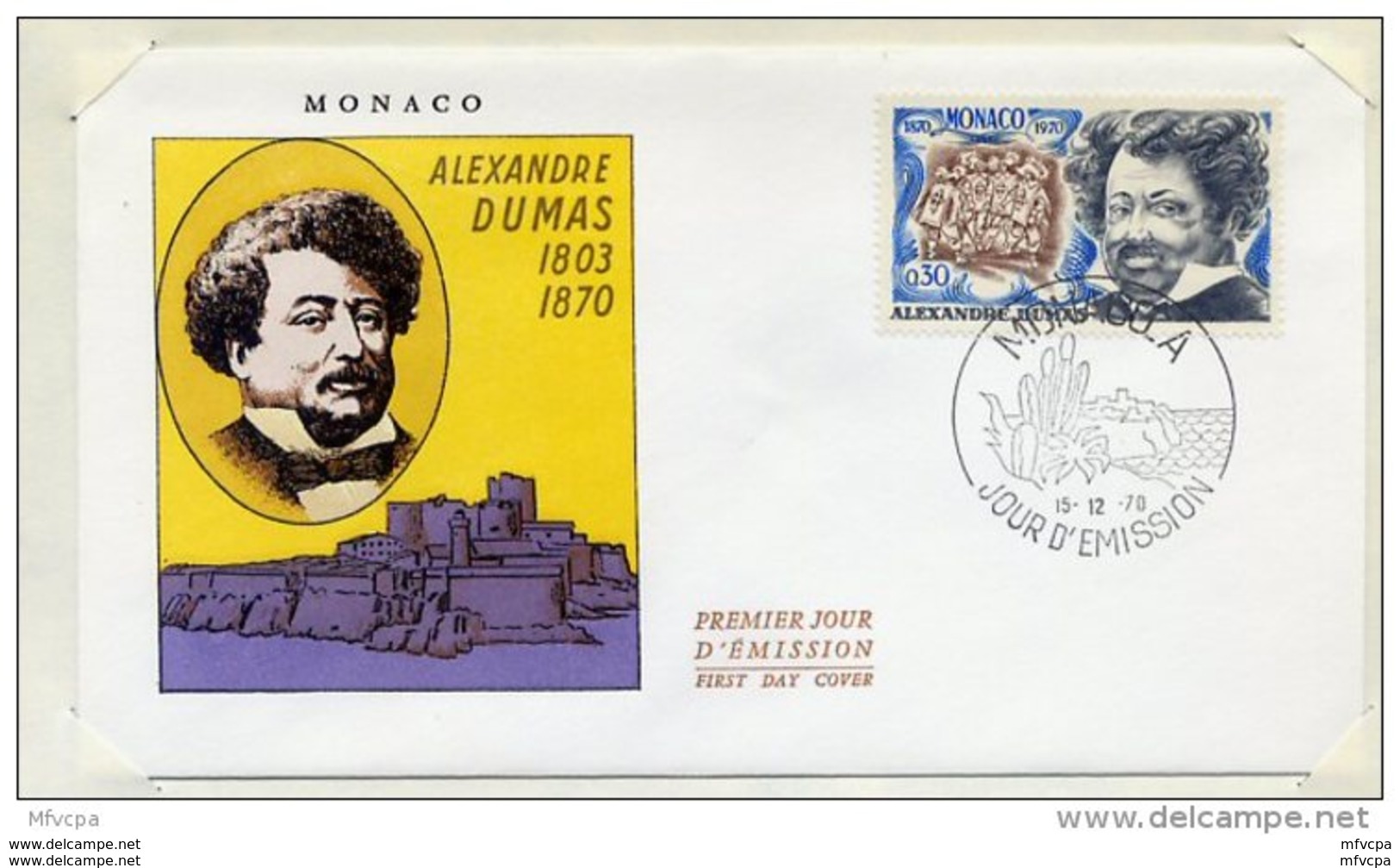 L4I084 MONACO 1970 FDC Alexandre Dumas 0,40f Monaco A 15 12 1970 - Ecrivains