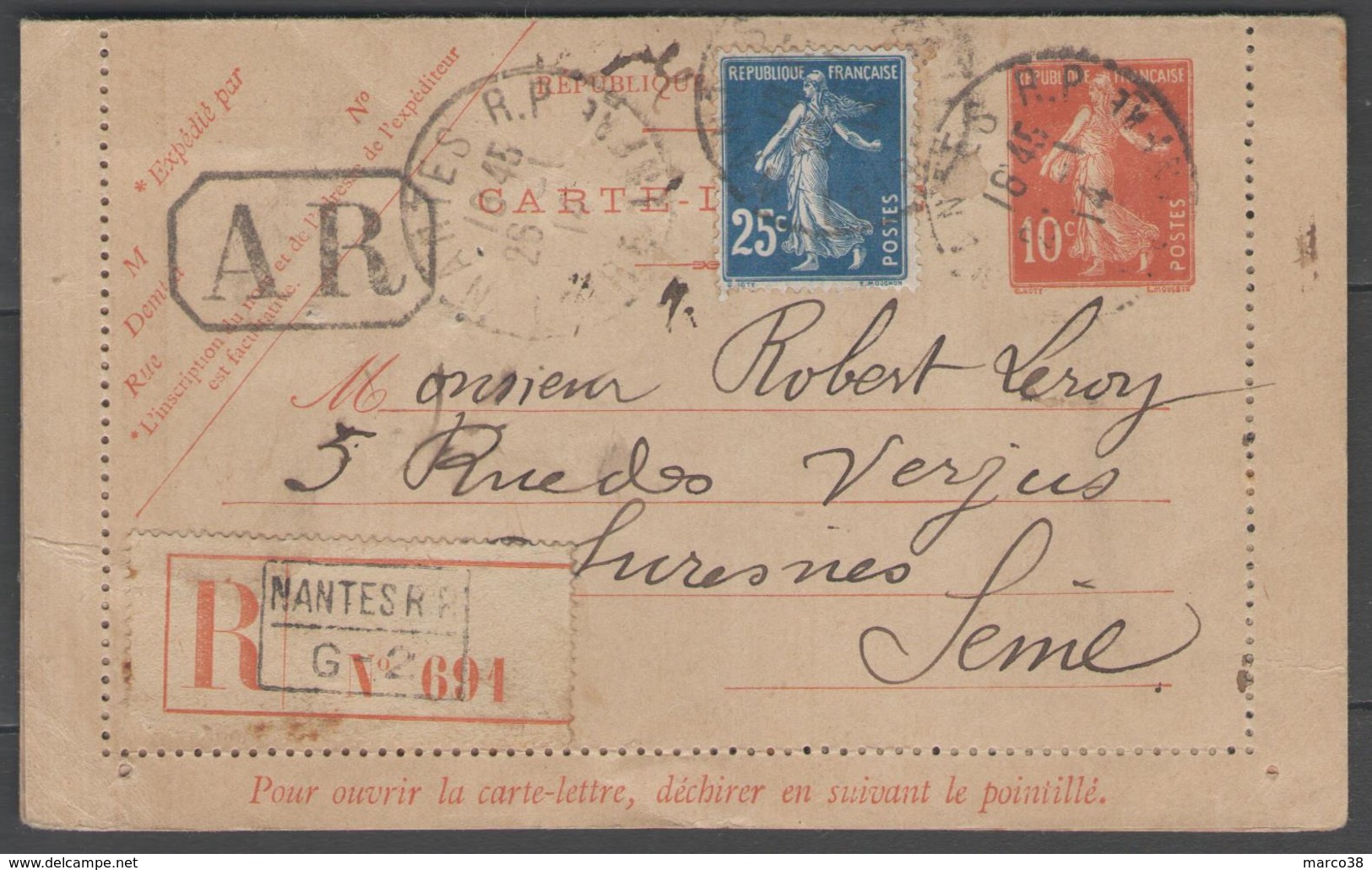 Entier Postal REC.AR Avec Complément D'affranchissement (1914) ! - 1877-1920: Semi-moderne Periode