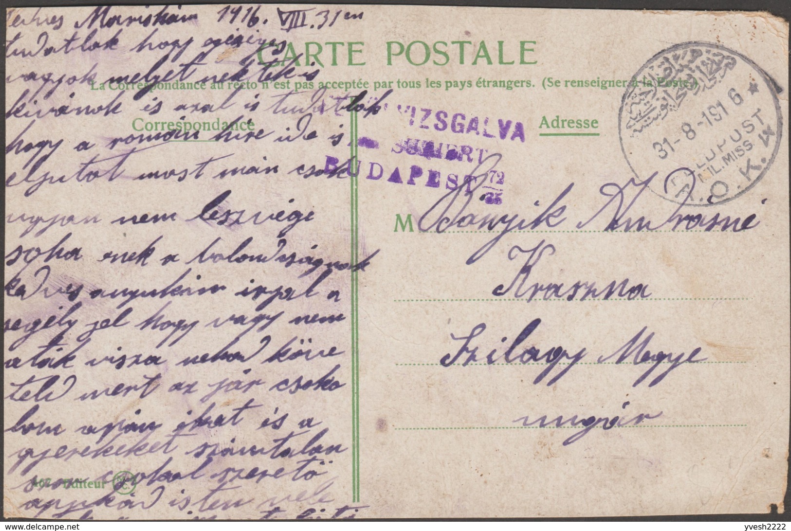 Turquie / Hongrie 1916. Occupation De La Turquie Par Les Troupes Hongroises. Feldpost, Cachet En Turc Lettres Arabes - Covers & Documents