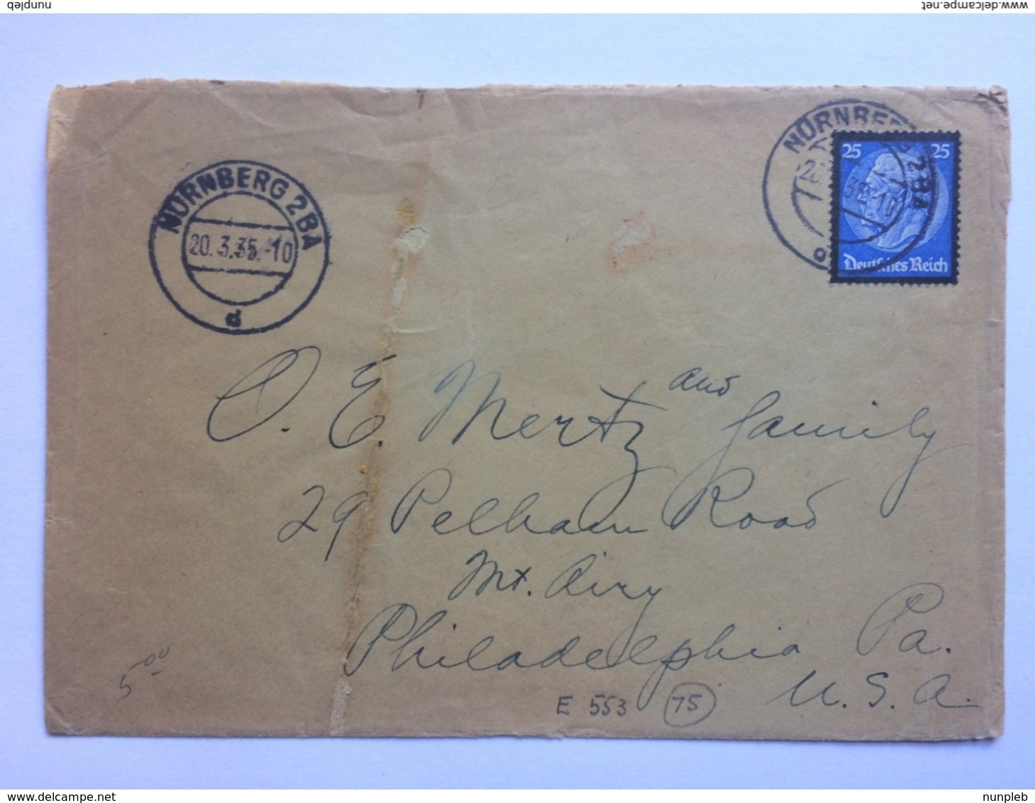 GERMANY 1935 Cover Nurnberg To Philadelphia USA - Briefe U. Dokumente