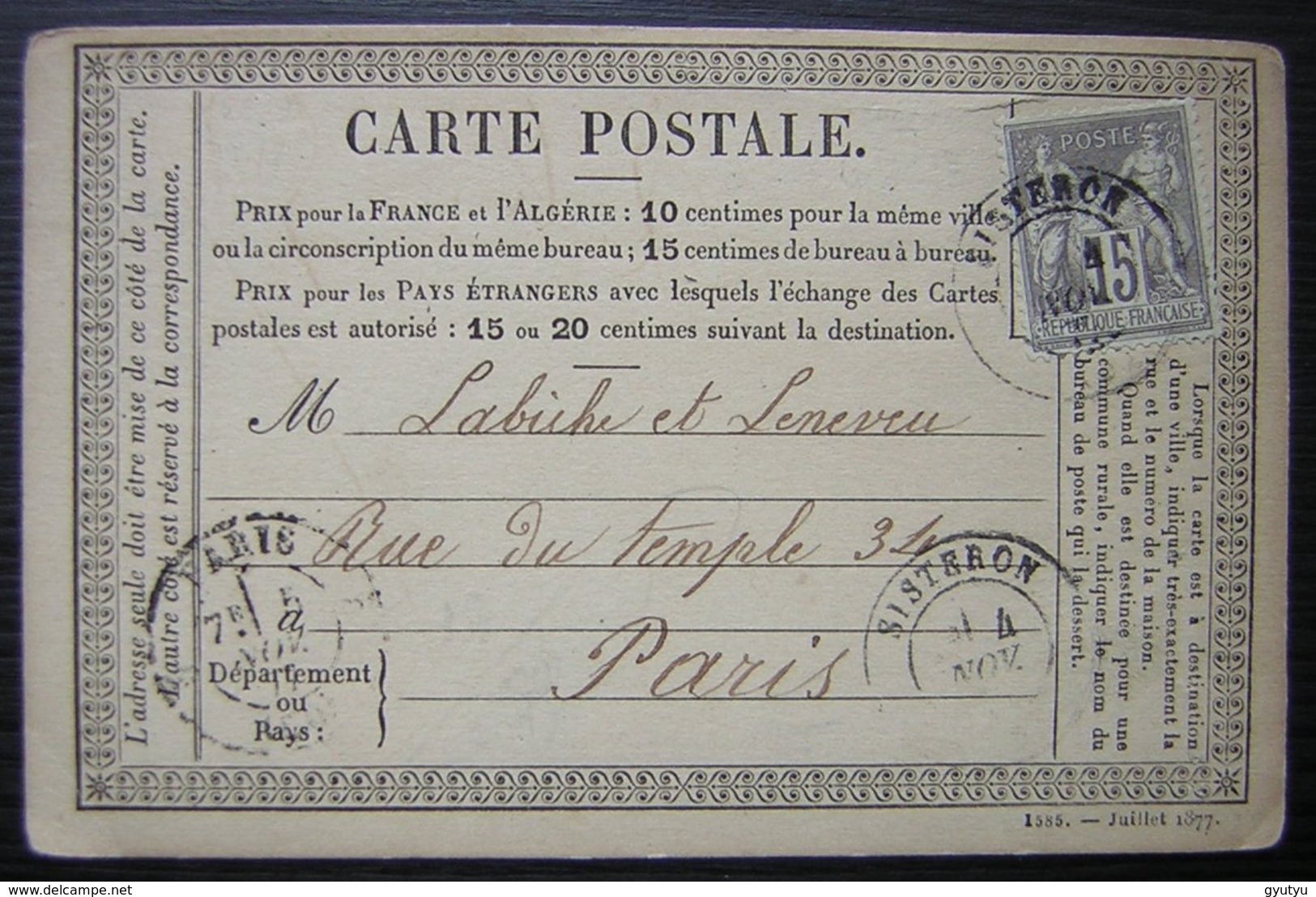 Sisteron 1877 Carte Précurseur Pour Paris - 1877-1920: Période Semi Moderne