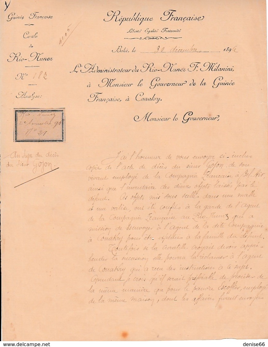 1896 GUINÉE FRANÇAISE - Cercle De RIO-NUNEZ - L'Administrateur Au Gouverneur à CONAKRY - Documents Historiques