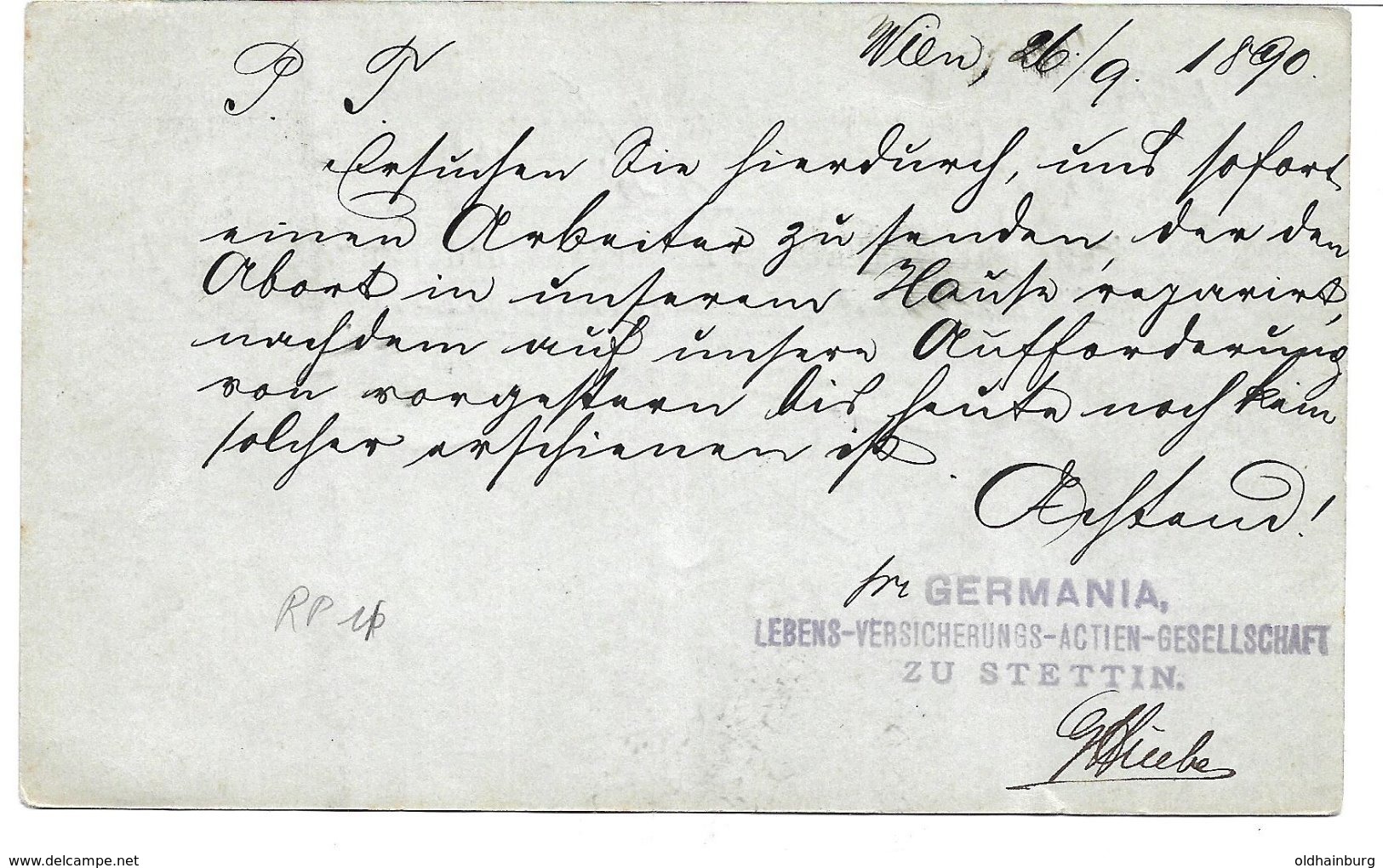 1530q: Österreichische Ostgebiete 1890, Stettin, Firma Germania Befördert Mit Wiener Rohrpost Fleischmarkt >Zieglergasse - Briefe U. Dokumente